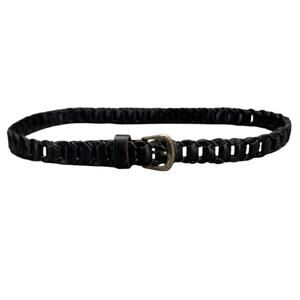 Vintage Black Leather Chain Link Woven Western Silver Buckle Belt Women Large